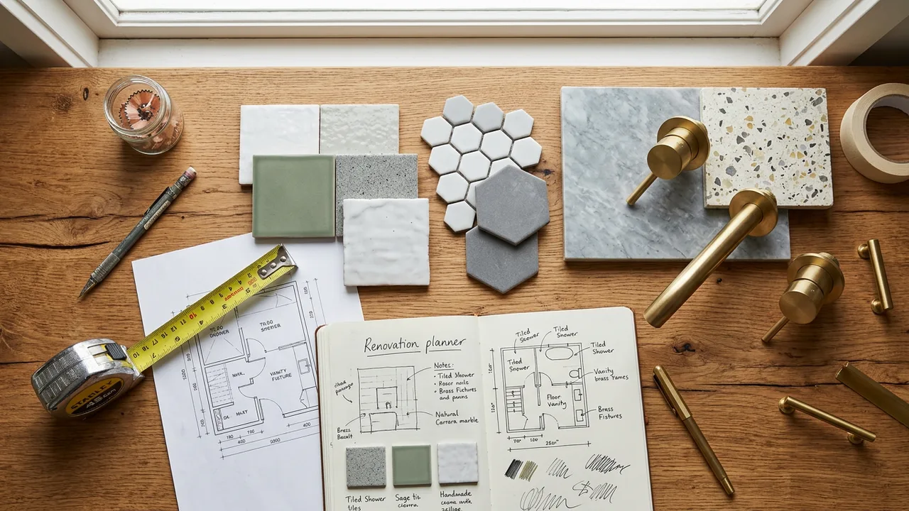 Bathroom renovation cost estimate with calculator, tape measure and tile samples