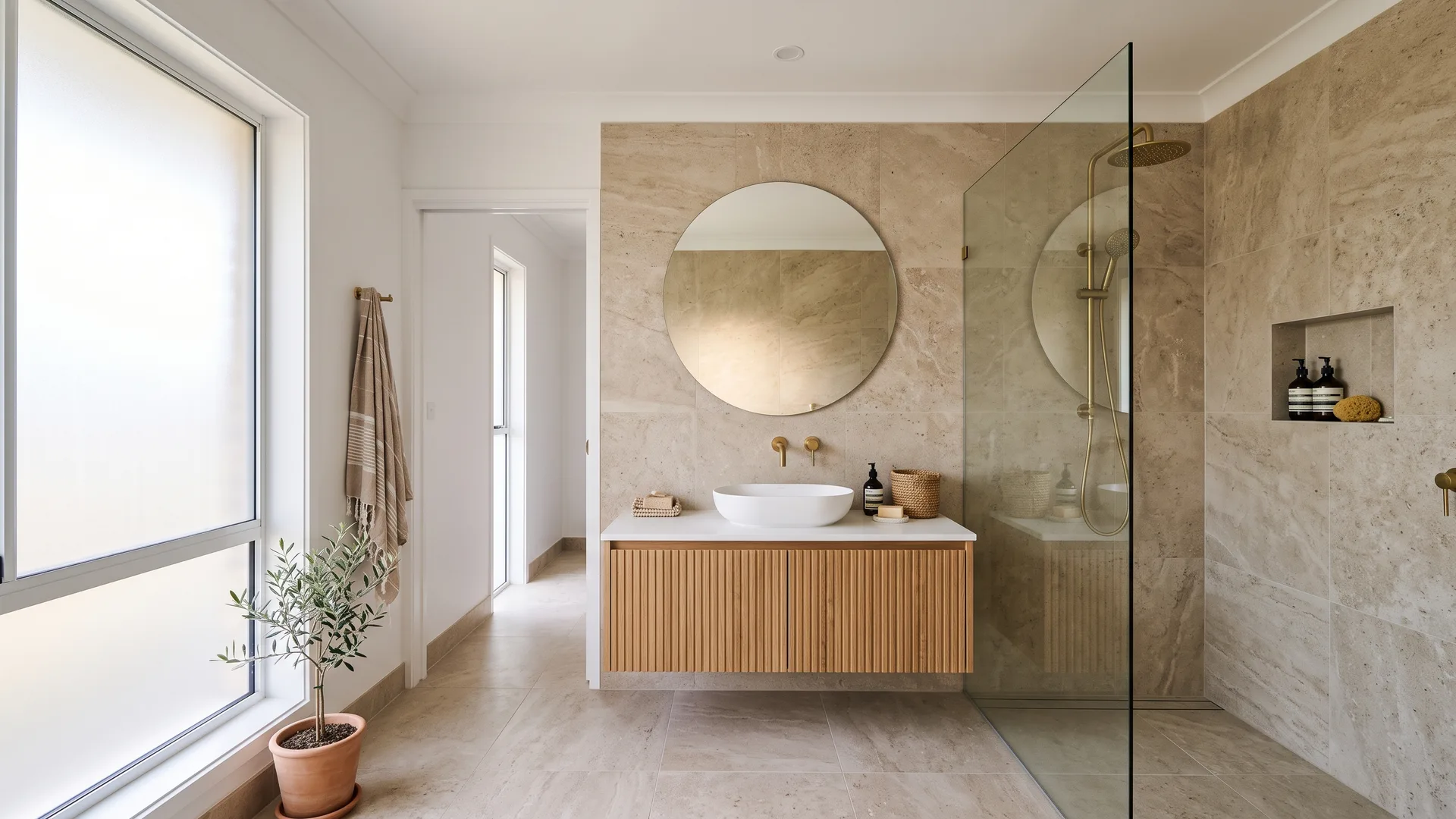 Renovated bathroom in a Gold Coast home with large-format tiles and a walk-in shower