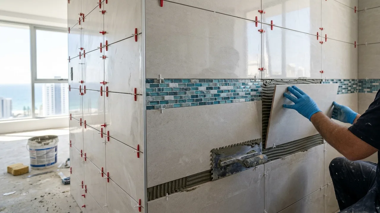A tiler setting large-format wall tiles in a Gold Coast bathroom