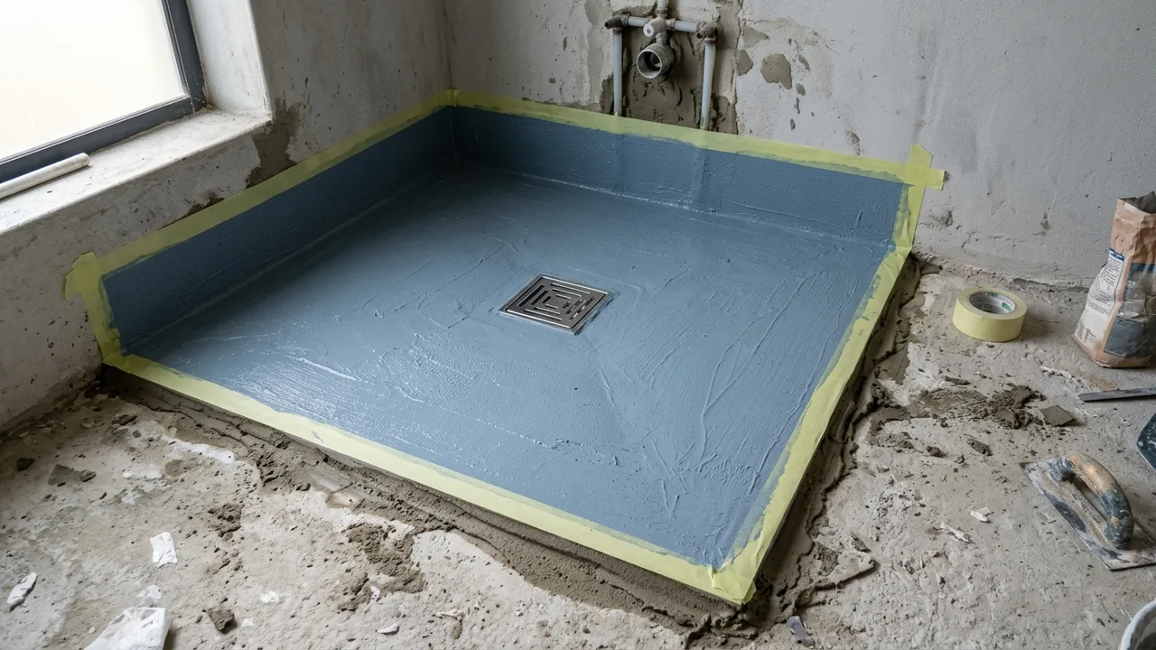 A waterproofing membrane being applied to a bathroom floor and walls