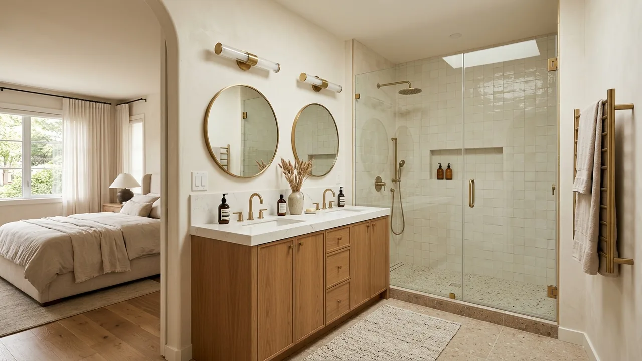 A bright Gold Coast ensuite with a double vanity and frameless shower