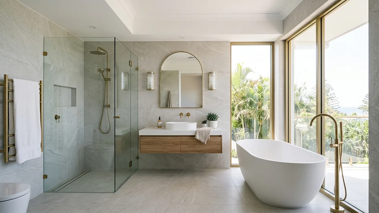 A freshly renovated Gold Coast bathroom with large-format tiles and a freestanding bath