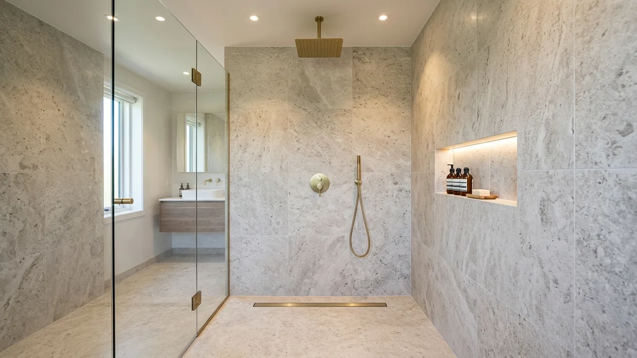 A modern frameless walk-in shower with floor-to-ceiling tiles