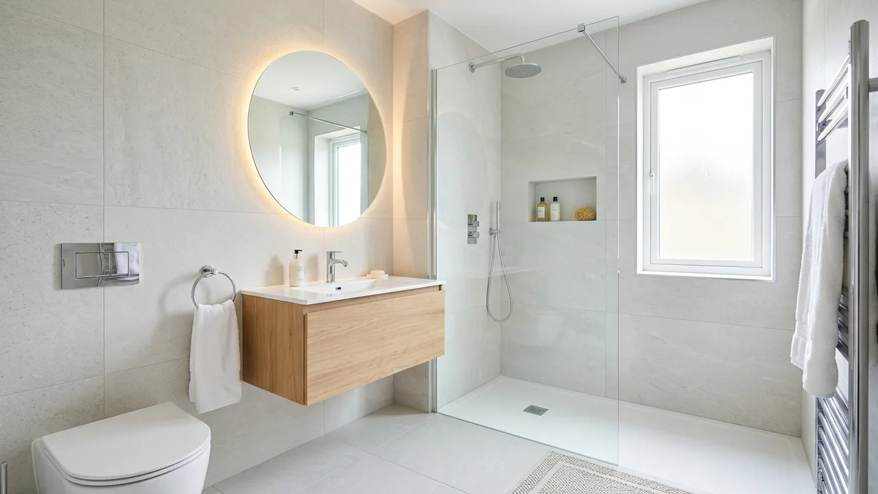 A compact Gold Coast bathroom with a wall-hung vanity and large wall tiles